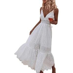 Women's V Neck Spaghetti Strap Maxi Dress, white